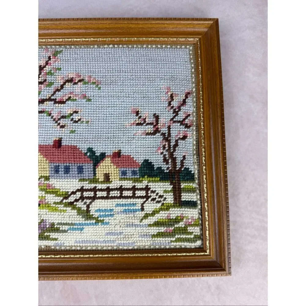 Vintage Framed Needlepoint Country House Cottagecore